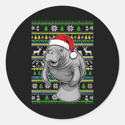 Cute Christmas Manatee Shirt, Manatee Ugly Xmas Sw Ronde Sticker (Voorkant)