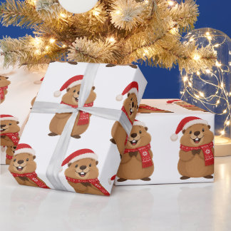 Cute Christmas Marmot in Santa Hat & Winter Scarf Cadeaupapier