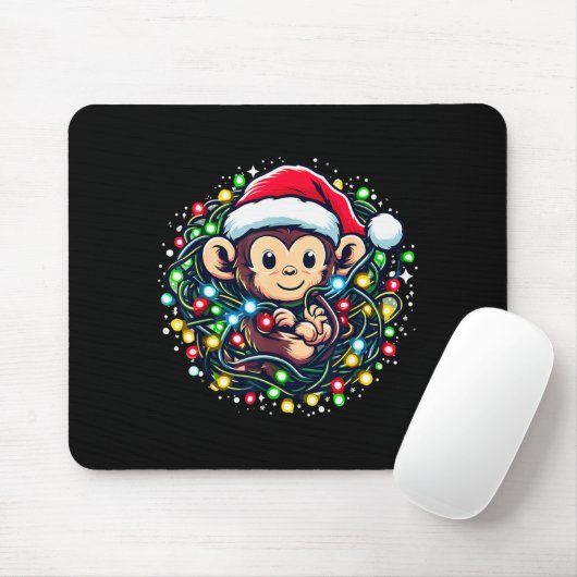 Cute Christmas Monkey Santa Hat Lights Monkey Wome Muismat (Met muis)