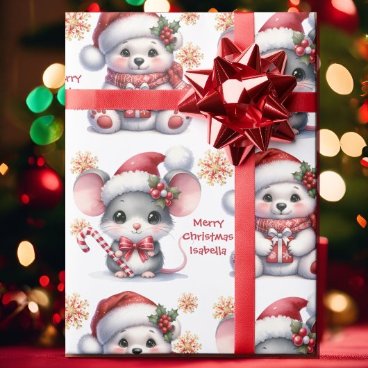 Cute Christmas Mouse Bear Personalize Name Kids Cadeaupapier