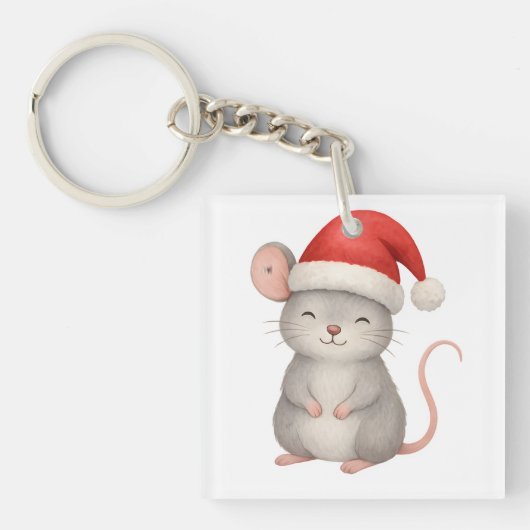 Cute Christmas Mouse in Santa Hat Sleutelhanger (voorkant)