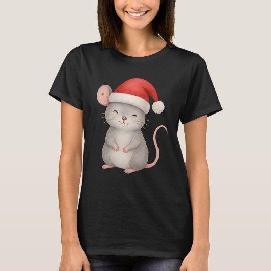Cute Christmas Mouse in Santa Hat T-shirt (Voorkant)