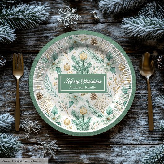 Cute Christmas Paper Plates Pastel Sage and Gold Papieren Bordje