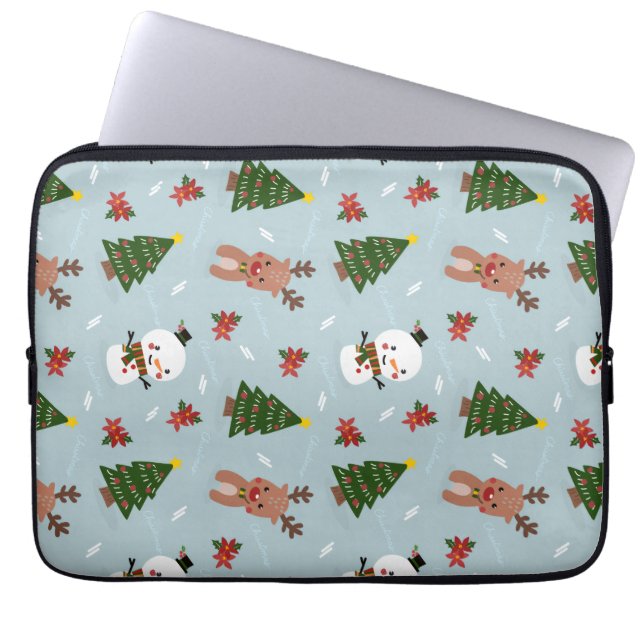 Cute Christmas Pattern | Snowman, Reindeer & Tree  Laptop Sleeve (Voorkant)