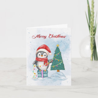 Cute Christmas Penguin Decorating Tree with Lights Feestdagen Kaart