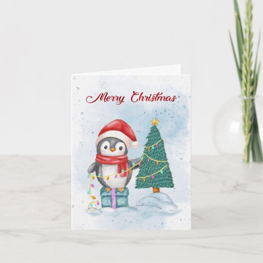 Cute Christmas Penguin Decorating Tree with Lights Feestdagen Kaart (Voorkant)