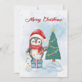Cute Christmas Penguin Decorating Tree with Lights Feestdagenkaart