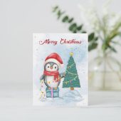 Cute Christmas Penguin Decorating Tree with Lights Feestdagenkaart (Staand voorkant)