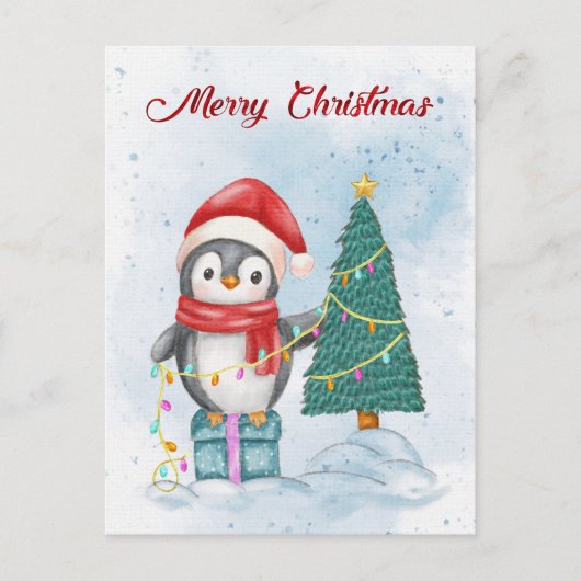 Cute Christmas Penguin Decorating Tree with Lights Feestdagenkaart (Voorkant)