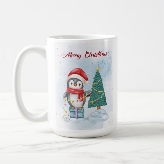 Cute Christmas Penguin Decorating Tree with Lights Koffiemok (Links)