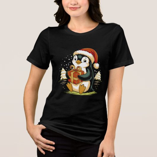 Cute Christmas Penguin with Gift Box Tri-Blend Shirt (Voorkant)