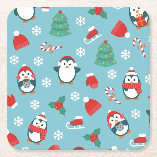 Cute Christmas Penguins Pattern Kartonnen Onderzetters (Voorkant)