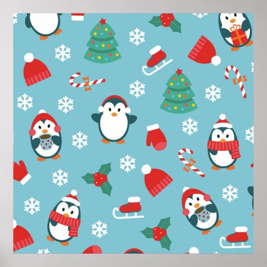 Cute Christmas Penguins Pattern Poster (Voorkant)