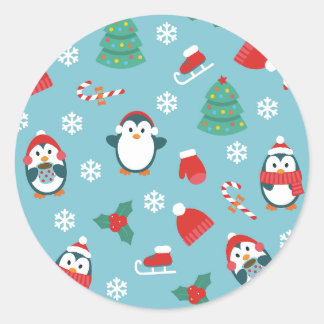 Cute Christmas Penguins Pattern Ronde Sticker