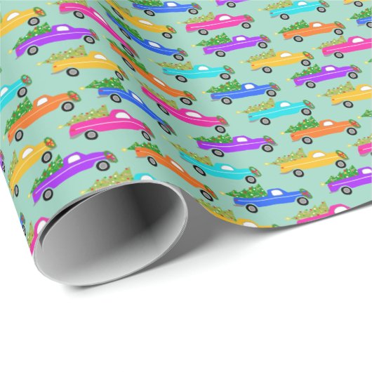 Cute Christmas Pickup Trucks Trees Retro Xmas Gift Cadeaupapier (Rol Hoek)
