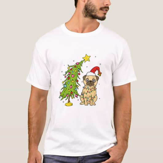 Cute Christmas Pug Wrapped in Holiday Lights T-shirt (Voorkant)