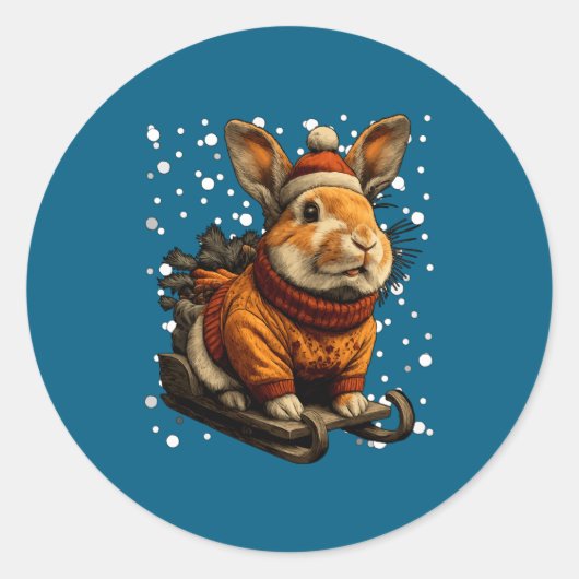 Cute Christmas Rabbit Sledding In Snow Funny Winte Ronde Sticker (Voorkant)