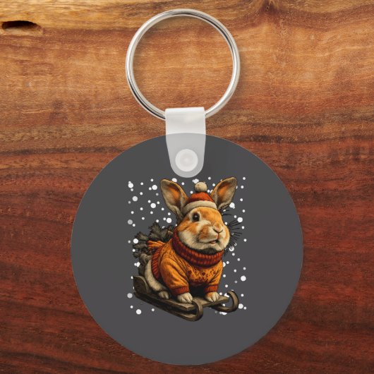 Cute Christmas Rabbit Sledding In Snow Funny Winte Sleutelhanger (Voorkant)