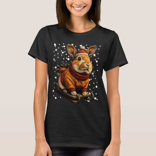 Cute Christmas Rabbit Sledding In Snow Funny Winte T-shirt (Voorkant)