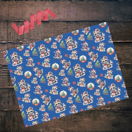 Cute Christmas Raccoons Gifts Snowglobe on Blue Tissuepapier