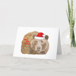 Cute Christmas Red Realistic Bear Drawing Feestdagen Kaart