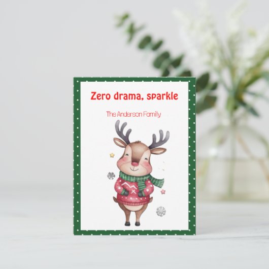 Cute christmas reindeer funny wish green Postcard Feestdagenkaart (Staand voorkant)