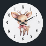 Cute Christmas Reindeer Grote Klok<br><div class="desc">A clock with an illustration of an adorable baby deer. Big eyes big ears with a large head and little brown antlers. Wearing a big red bow.</div>