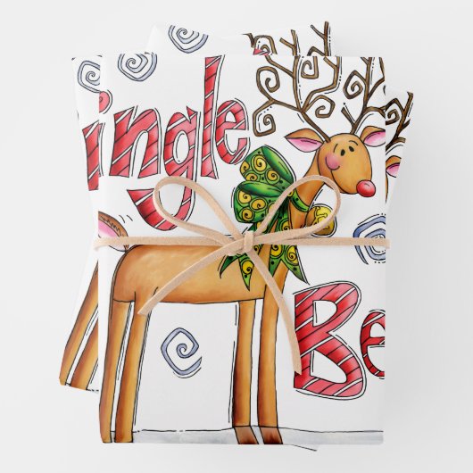 Cute Christmas Reindeer, Jingle Bells Snowflakes Inpakpapier Vel (In situ)