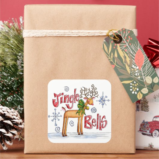 Cute Christmas Reindeer, Jingle Bells Snowflakes Vierkante Sticker (Feestdagen)