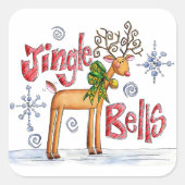 Cute Christmas Reindeer, Jingle Bells Snowflakes Vierkante Sticker (Voorkant)