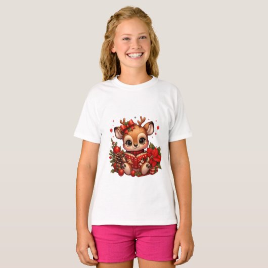 Cute Christmas Reindeer Reading Book T-shirt (Voorkant volledig)