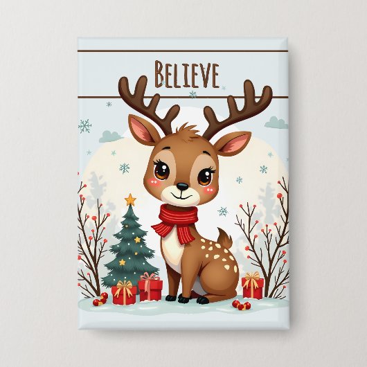 Cute Christmas Reindeer Scene Snowy Forest Button (Voorkant)