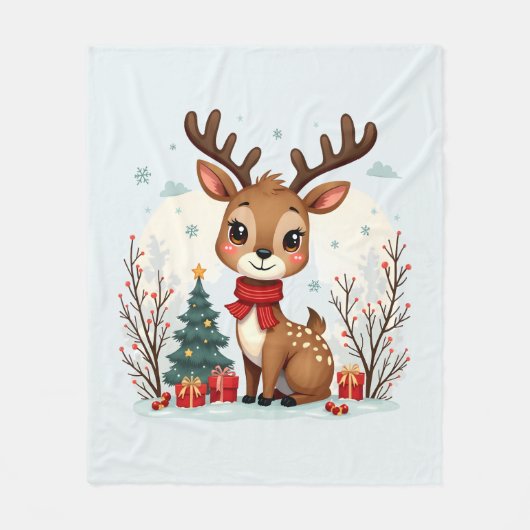 Cute Christmas Reindeer Scene Snowy Forest Fleece Deken (Voorkant)