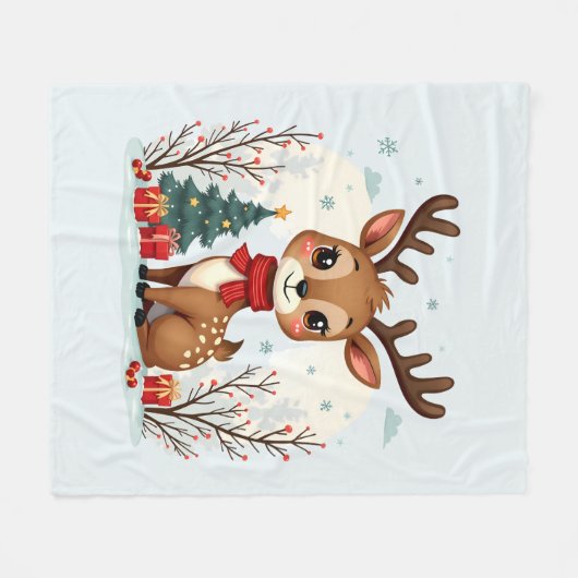 Cute Christmas Reindeer Scene Snowy Forest Fleece Deken (Voorkant (Horizontaal))