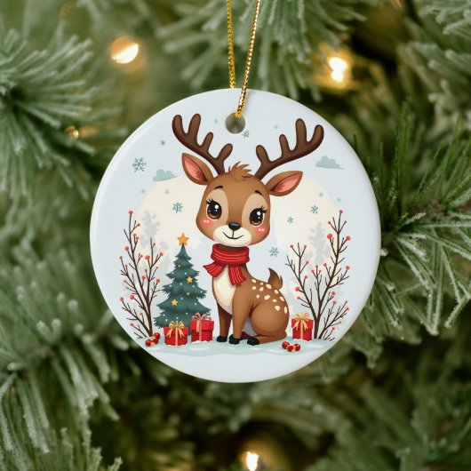 Cute Christmas Reindeer Scene Snowy Forest Keramisch Ornament (Boom)