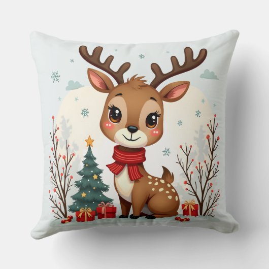 Cute Christmas Reindeer Scene Snowy Forest Kussen (Achterkant)