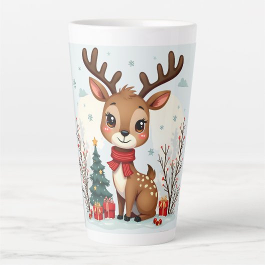 Cute Christmas Reindeer Scene Snowy Forest Latte Mok (Voorkant)