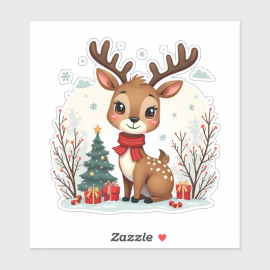 Cute Christmas Reindeer Scene Snowy Forest Sticker (Vel)