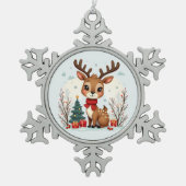 Cute Christmas Reindeer Scene Snowy Forest Tin Sneeuwvlok Ornament (Voorkant)