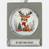 Cute Christmas Reindeer Scene Snowy Forest Verzilverd Banner Ornament (Voorkant)