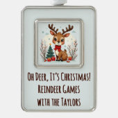 Cute Christmas Reindeer Scene Snowy Forest Verzilverd Omlijst Ornament (Voorkant)