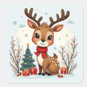 Cute Christmas Reindeer Scene Snowy Forest Vierkante Sticker (Voorkant)
