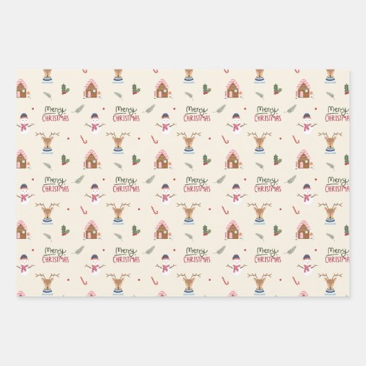 Cute Christmas Reindeer Snowman Pattern Whimsical Inpakpapier Vel (Voorkant 3)