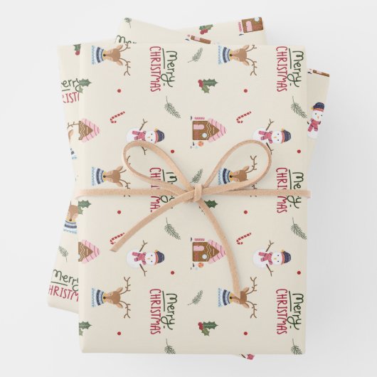 Cute Christmas Reindeer Snowman Pattern Whimsical Inpakpapier Vel (In situ)