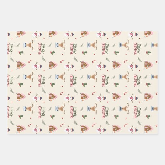 Cute Christmas Reindeer Snowman Pattern Whimsical Inpakpapier Vel (Voorkant)