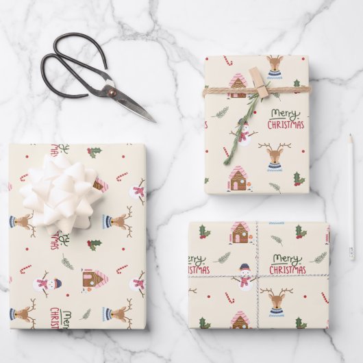 Cute Christmas Reindeer Snowman Pattern Whimsical Inpakpapier Vel (Voorkant)