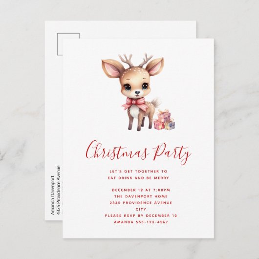 Cute Christmas Reindeer with Holiday Gifts Party Uitnodiging Briefkaart (Voorkant / Achterkant)