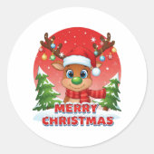 Cute Christmas Reindeer with Santa Hat Ornaments Ronde Sticker (Voorkant)