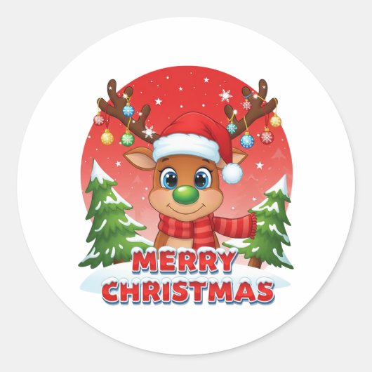 Cute Christmas Reindeer with Santa Hat Ornaments Ronde Sticker (Voorkant)