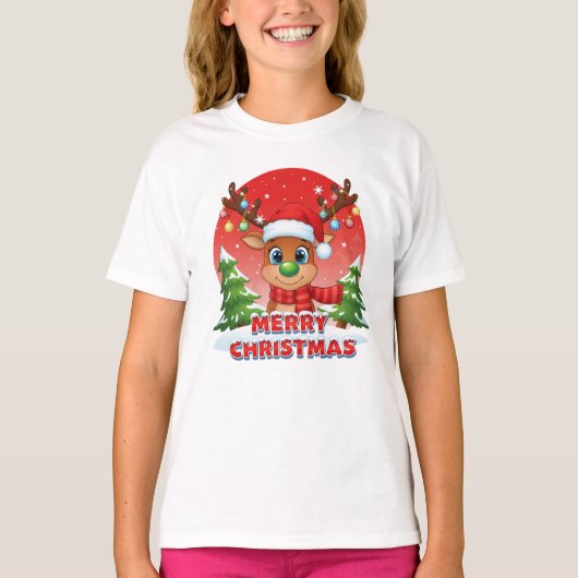 Cute Christmas Reindeer with Santa Hat Ornaments T-shirt (Voorkant)